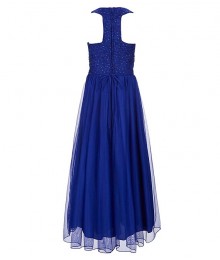 Xtraordinary Cobalt/Blue Beaded Lace Black Tulle Overlay Maxi Dress 
